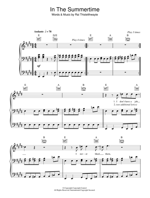 In The Summertime - Thirsty Merc (Piano-Vocal-Guitar (Piano Accompaniment))