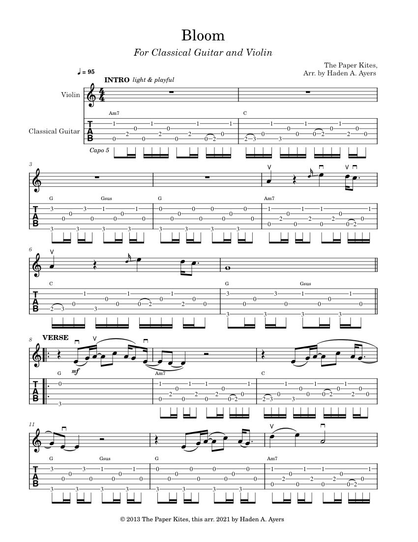 Bloom The Paper Kites Sheet music for Violin, Guitar (String Duet