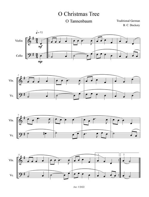 O Christmas Tree (O Tannenbaum) for Violin and Cello Duet (Arr. B. C. Dockery) - Traditional (Instrumental Duet)