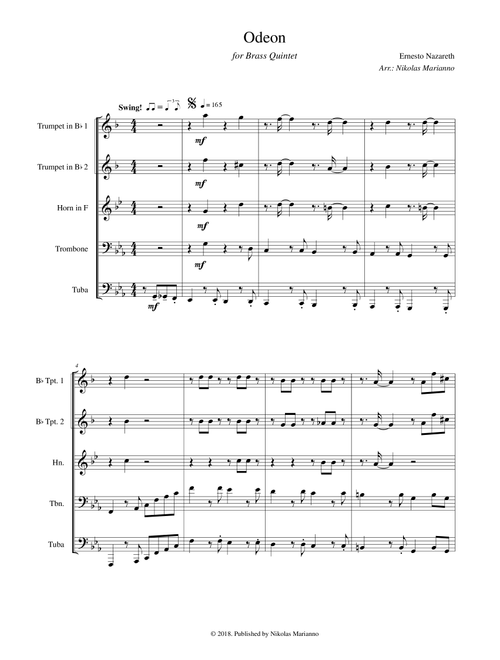 Odeon for Brass Quintet (Arr. Nikolas Marianno) - Ernesto Nazareth (Brass Ensemble)