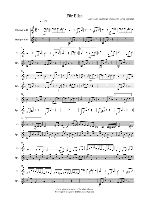 Fur Elise for Clarinet and Trumpet Duet (Arr. David Burndrett) - Ludwig Van Beethoven (Instrumental Duet)