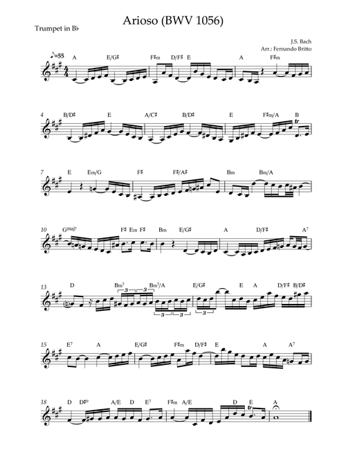 Arioso (J.S. Bach - BWV 1056) for Trumpet in Bb Solo with Chords (Arr. Fernando Britto) - JS Bach (Trumpet Solo)