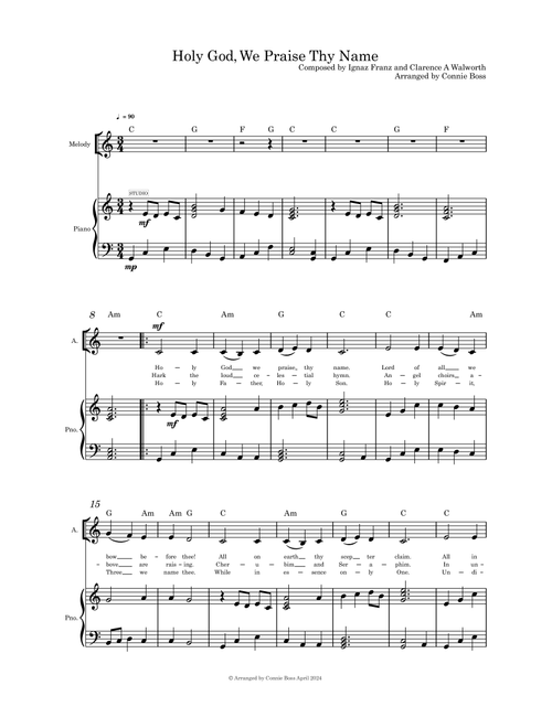 Holy God We Praise Thy Name solo and piano (Arr. Connie Boss) - Ignaz Franz and Clarence A Walworth (Piano-Vocal-Guitar (Piano Accompaniment))