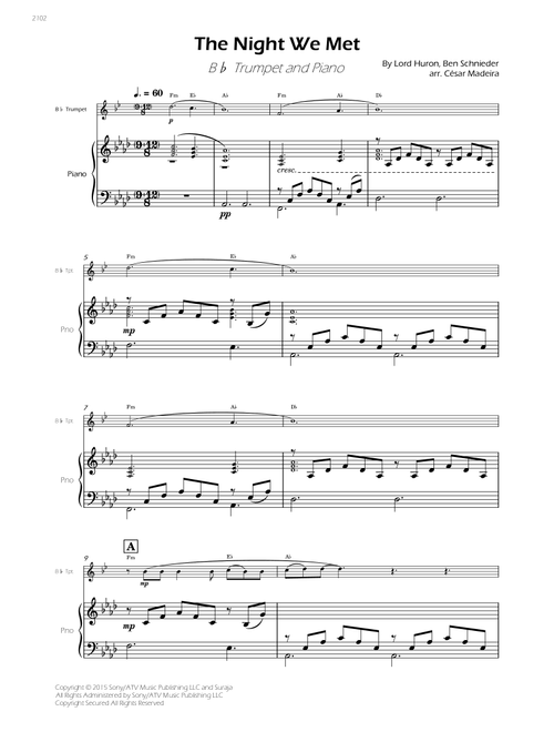 The Night We Met (Arr. César Madeira) - Lord Huron (Trumpet and Piano)