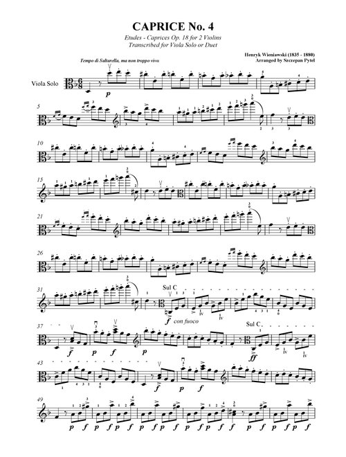 H. Wieniawski Caprice no. 4 op. 18 for Viola Solo or 2 Violas (viola duet) (Arr. Szczepan Pytel) - Henryk Wieniawski (Viola Duet)