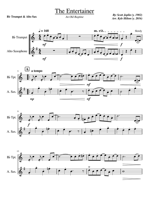The Entertainer (For Trumpet and Alto Saxophone Duet) - Scott Joplin/Arr. Kyle Hilton