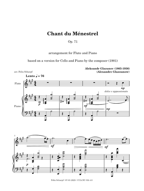 Chant du Ménestrel, Op. 71 - Aleksandr Glazunov - arr. for Flute and Piano
