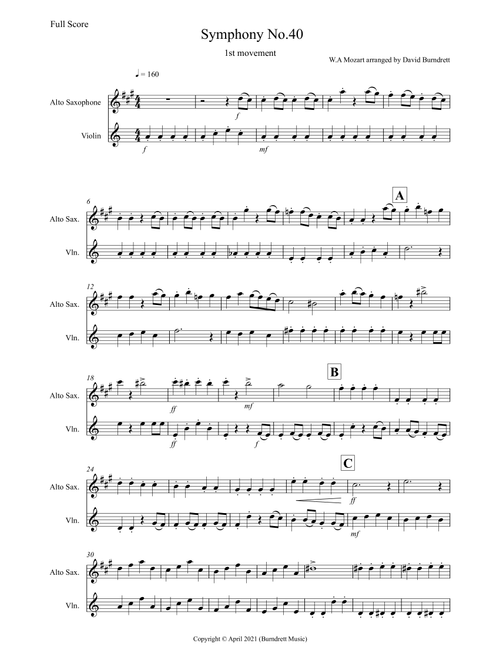 Symphony No.40 (1st movement) for Alto Saxophone and Violin (Arr. David Burndrett) - Wolfgang Amadeus Mozart (Instrumental Duet)