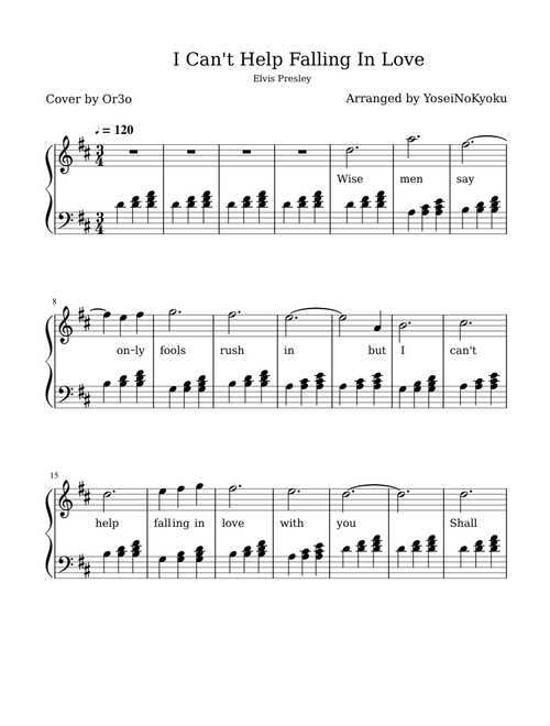 I Can't Help Falling In Love (Or3o Cover - Easy Piano Arrangement)