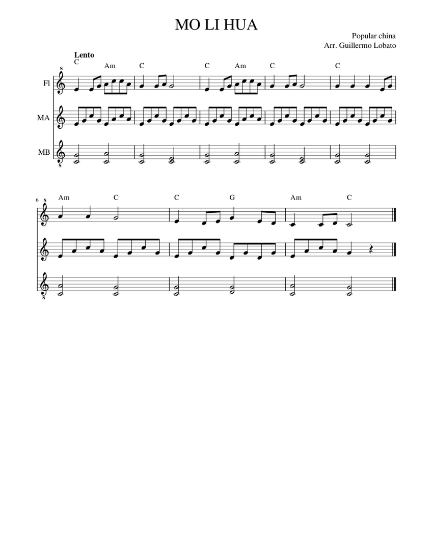 MO LI HUA Sheet Music with Chords for Recorder, Metallophone (Mixed ...