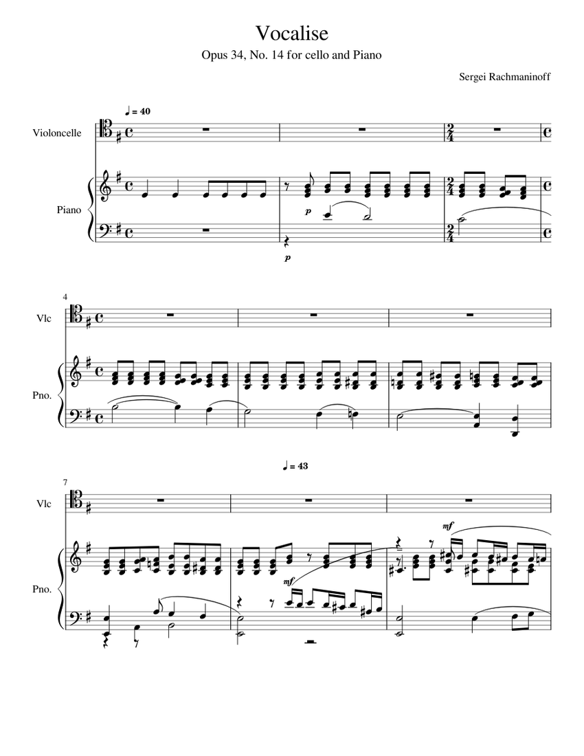 Vocalise, op. 34 No. 14 Cello Sheet Music by Sergei