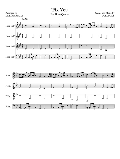 "Fix You" by Coldplay for Horn Quartet - Arr. Angle