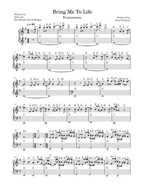 Bring Me To Life – Evanescence Solo-Piano Easy