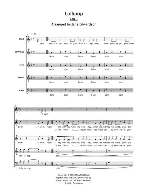 Lollipop (Arr. Jane Edwardson) - Mika (Choral, SATB)