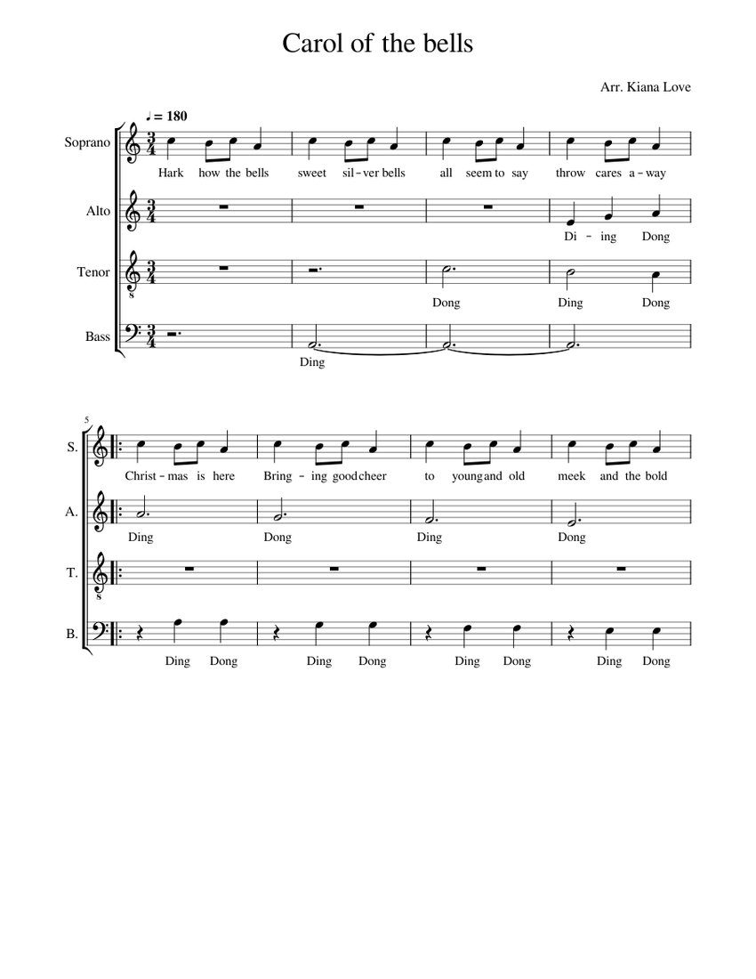 Carol of the bells Sheet music for Soprano, Alto, Tenor, Bass voice ...