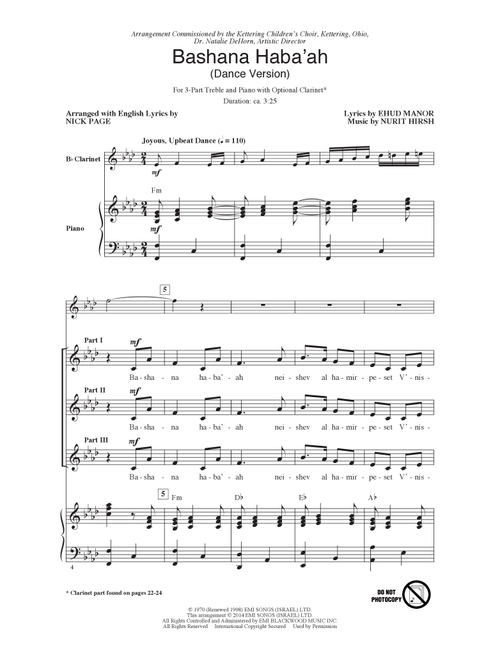 Bashana Haba 'Ah (Arr. Nick Page) - Ehud Manor, Nurit Hirsh (Choral, 3-Part Treble)