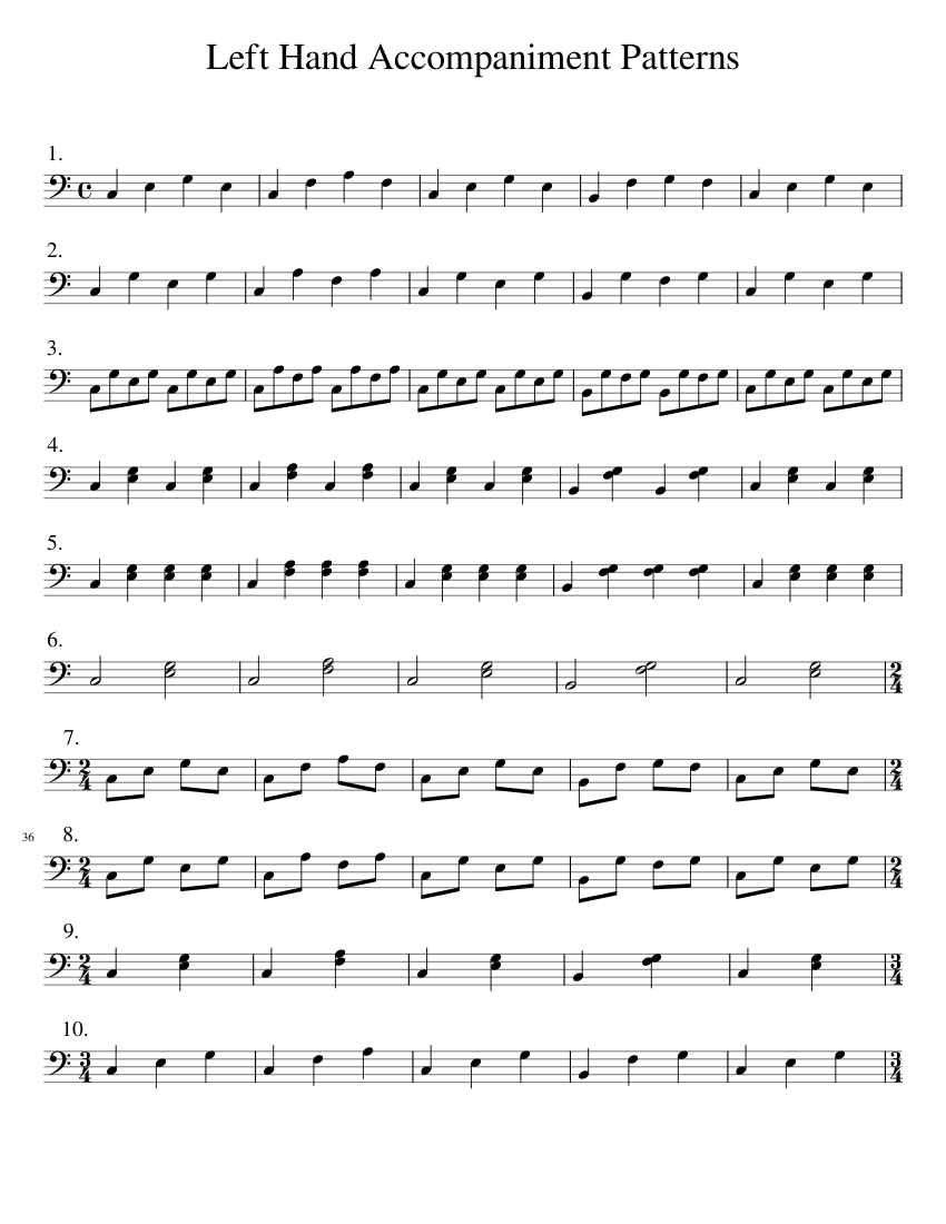 19 Left Hand Accompaniment Patterns Sheet Music for Piano (Solo) easy ...