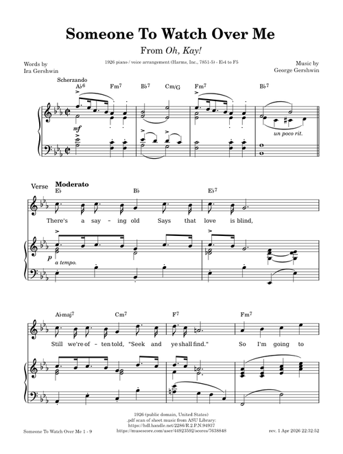Someone to Watch Over Me – George & Ira Gershwin [1926 piano/voice arr. + lead sheet]
