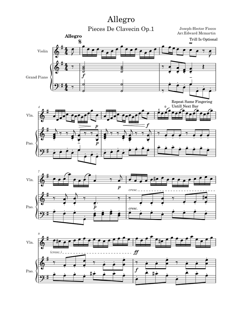 Allegro in G – Fiocco, Joseph-Hector Allegro (With Piano) Sheet Music ...