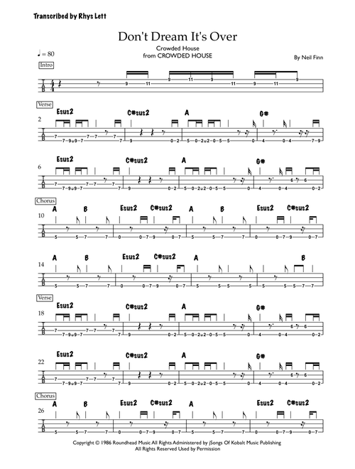 Don't Dream It's Over (Arr. Rhys Lett) - Crowded House (Bass Tab)
