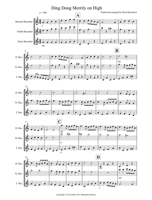 Ding Dong Merrily on High for Recorder Trio (Arr. David Burndrett) - Traditional (Recorder Solo)