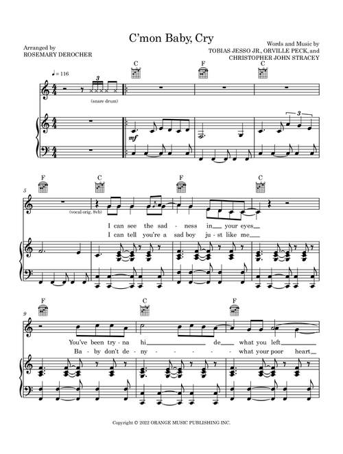 C Mon Baby Cry (Arr. Rosemary Derocher) - Orville Peck (Piano-Vocal-Guitar (Piano Accompaniment))