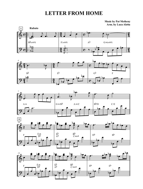 Letter From Home (Arr. Luca Aletta) - Pat Metheny (Easy Piano)