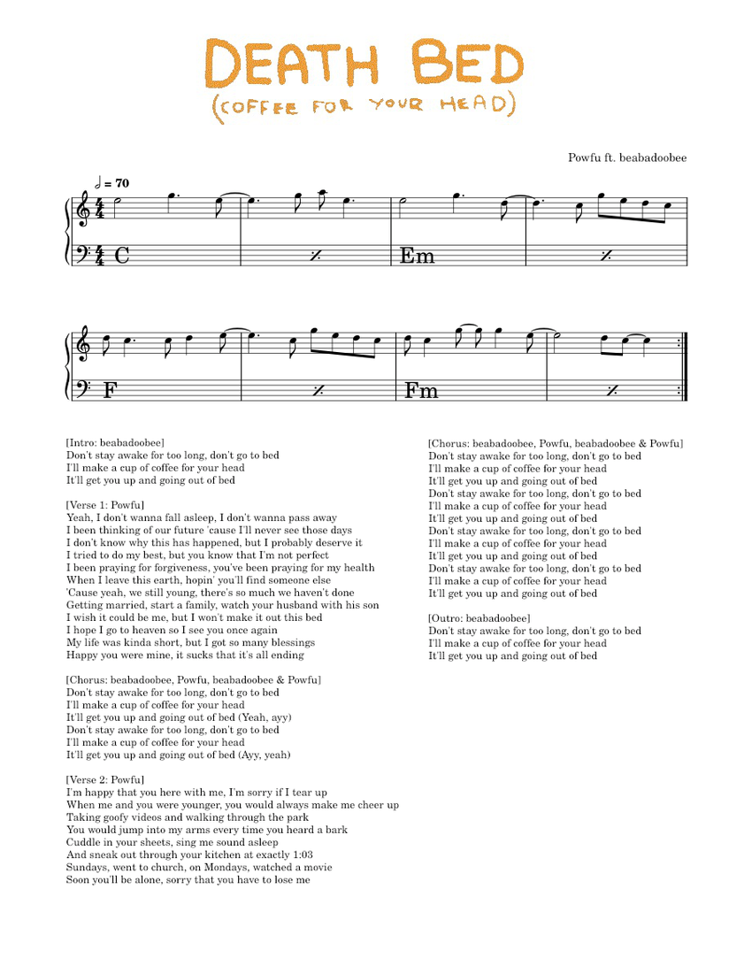 Death bed coffee for your head powfu ft beabadoobee sheet music