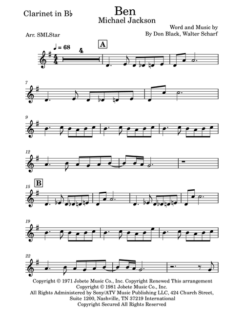 Ben (Arr. SMLStar) - Michael Jackson (Clarinet Solo)