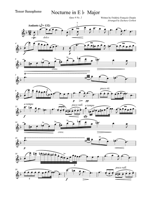 Nocturne Op 9 No 2 in Eb Major (Arr. Zachary Corbett) - Chopin (Tenor Sax and Piano)