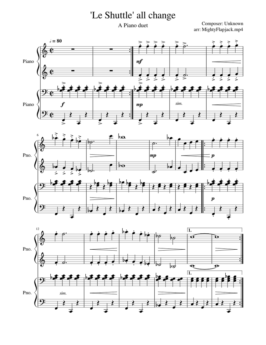 Shuttle Tab 'Le Shuttle' all change Sheet Music for Piano (Piano Duo) | MuseScore.com