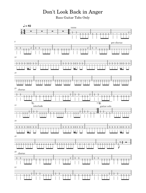Don't Look Back In Anger – Oasis (Bass Guitar Tabs)