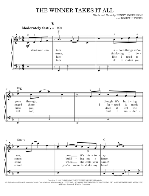 The Winner Takes It All - ABBA, Mamma Mia! Movie, Mamma Mia! Musical (Easy Piano)