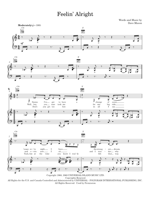 Feelin' Alright - Joe Cocker, Traffic (Piano-Vocal-Guitar)