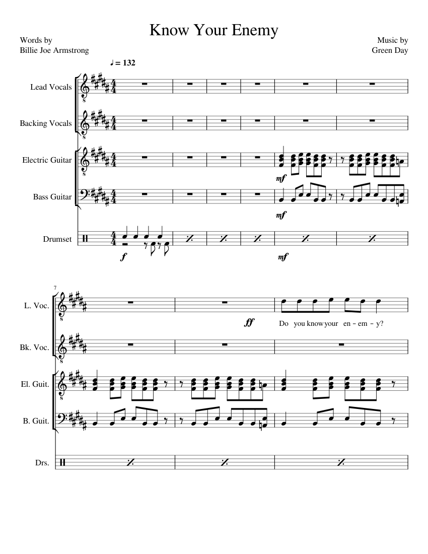 Know Your Enemy WIP Sheet Music for Vocals, Guitar, Bass guitar