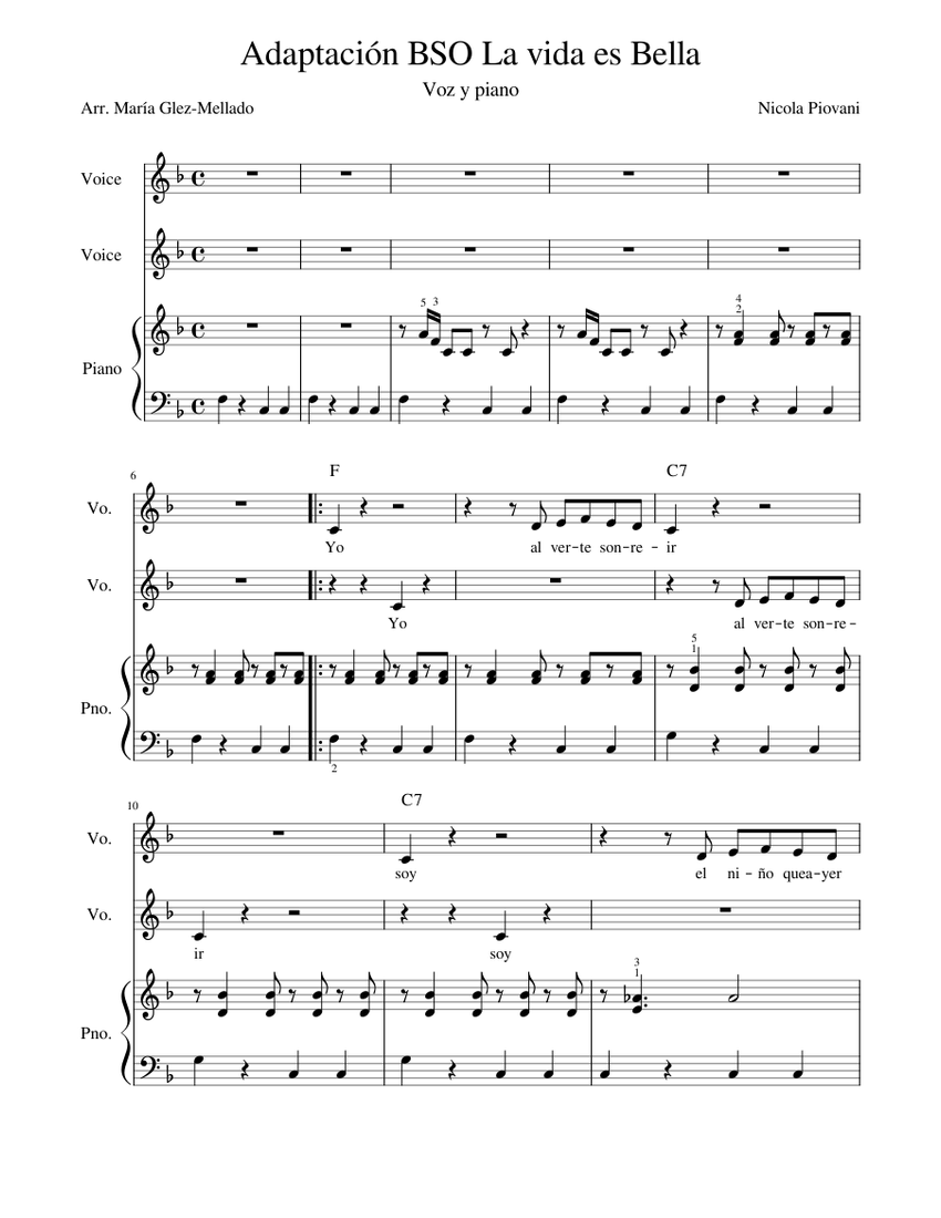 Escrupuloso Alérgico maníaco Adaptación BSO La vida es Bella Voz & Piano Sheet music for Piano, Vocals  (Mixed Trio) | Musescore.com