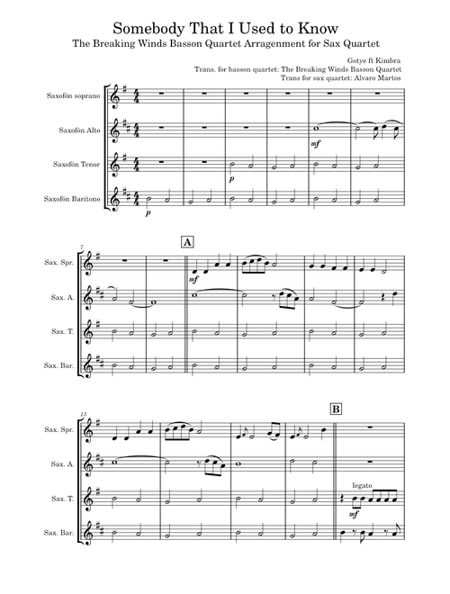 Somebody That I Used to Know - Gotye: The Breaking Winds Bassoon Quartet Arrangement for Sax Quartet