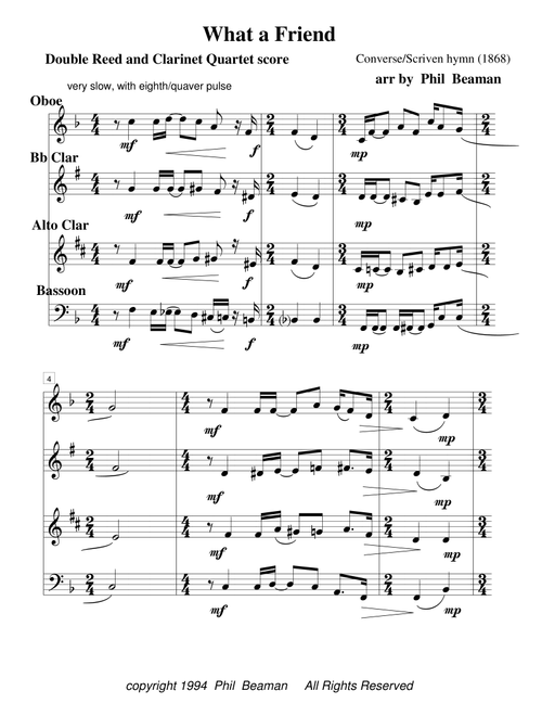 What a Friend-double reed and clarinet quartet (Arr. Phil Beaman) - Converse/Scriven (Woodwind Ensemble)