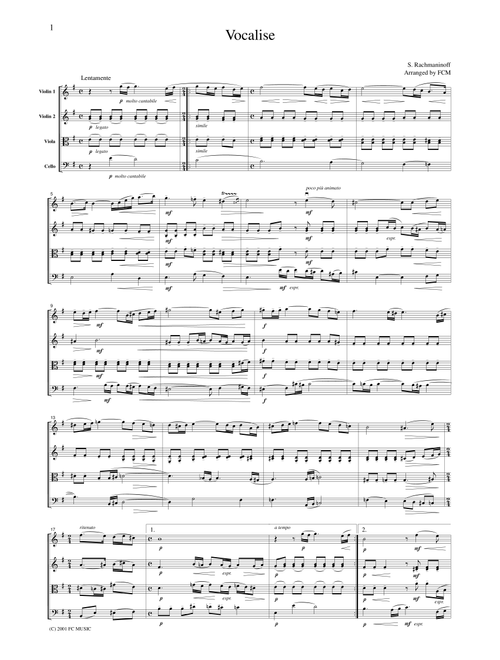 Rachmaninoff  Vocalise, for string quartet, CR201 (Arr. FCMUSIC) (String Quartet)