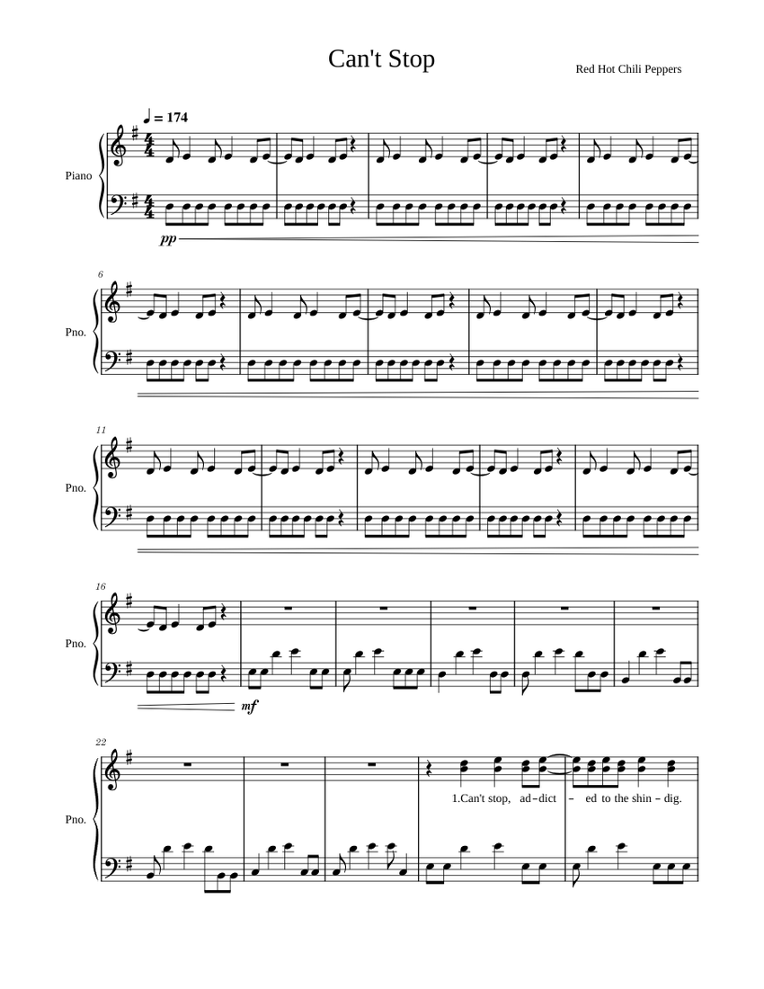 Can't Stop - Red Hot Chili Peppers Sheet Music for Piano (Solo