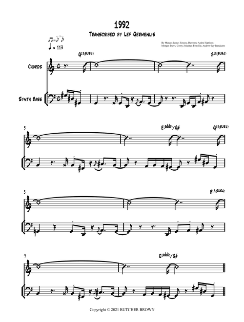 1992 (Arr. Lef Germenlis) - Butcher Brown (Piano-Vocal-Guitar (Piano Accompaniment))