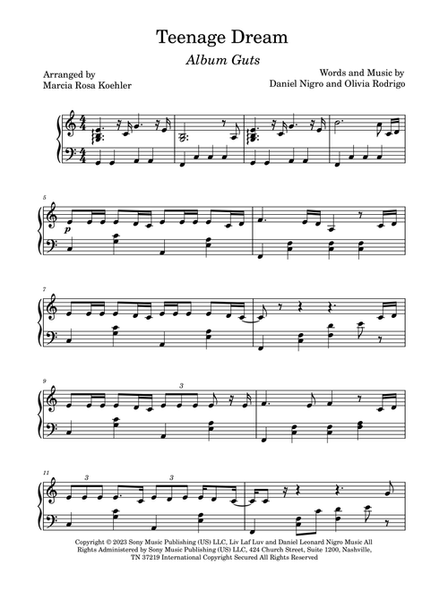 Teenage Dream (Arr. Marcia Rosa Koehler) - Olivia Rodrigo (Piano Solo)