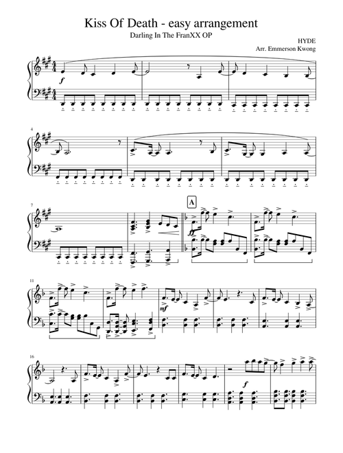 Kiss Of Death - Easy Arrangement for Piano