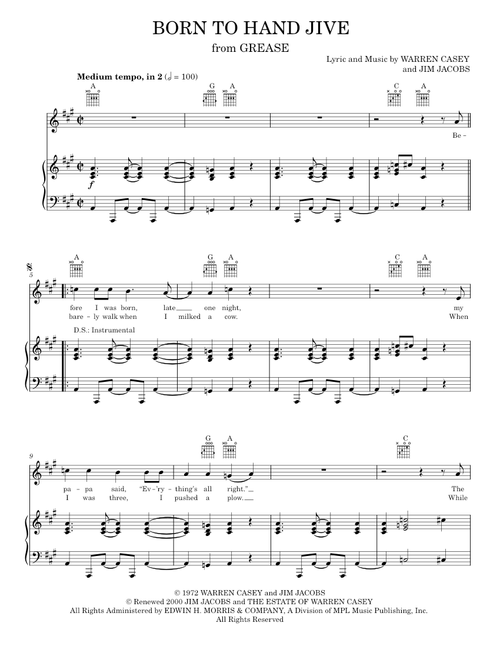 Born To Hand Jive (from Grease) - Grease Musical, Sha Na Na (Piano-Vocal-Guitar)