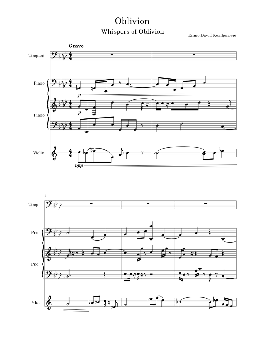 Oblivion Sheet Music For Piano, Timpani, Violin (Concert Band ...