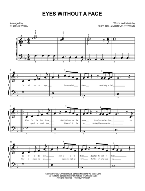 Eyes Without A Face (Arr. Phoenix [The Tattooed Piano Teacher]) - Billy Idol (Easy Piano)