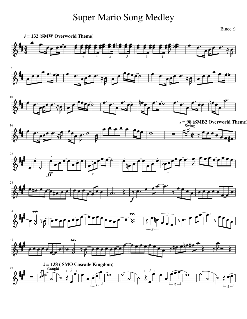 Super Mario Bros. Song Medley Sheet Music for Saxophone alto (Solo ...