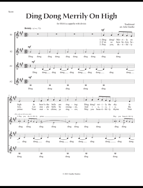 Ding Dong Merrily On High for SSAA a cappella with DIVISIS (Arr. Julie Gaulke) - Traditional (Choral, SSAA)
