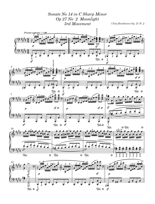 Beethoven - Piano Sonata No.14, Op.27 No.2 - 3rd Movement - "Moonlight" - Original With Fingered – Ludwig van Beethoven