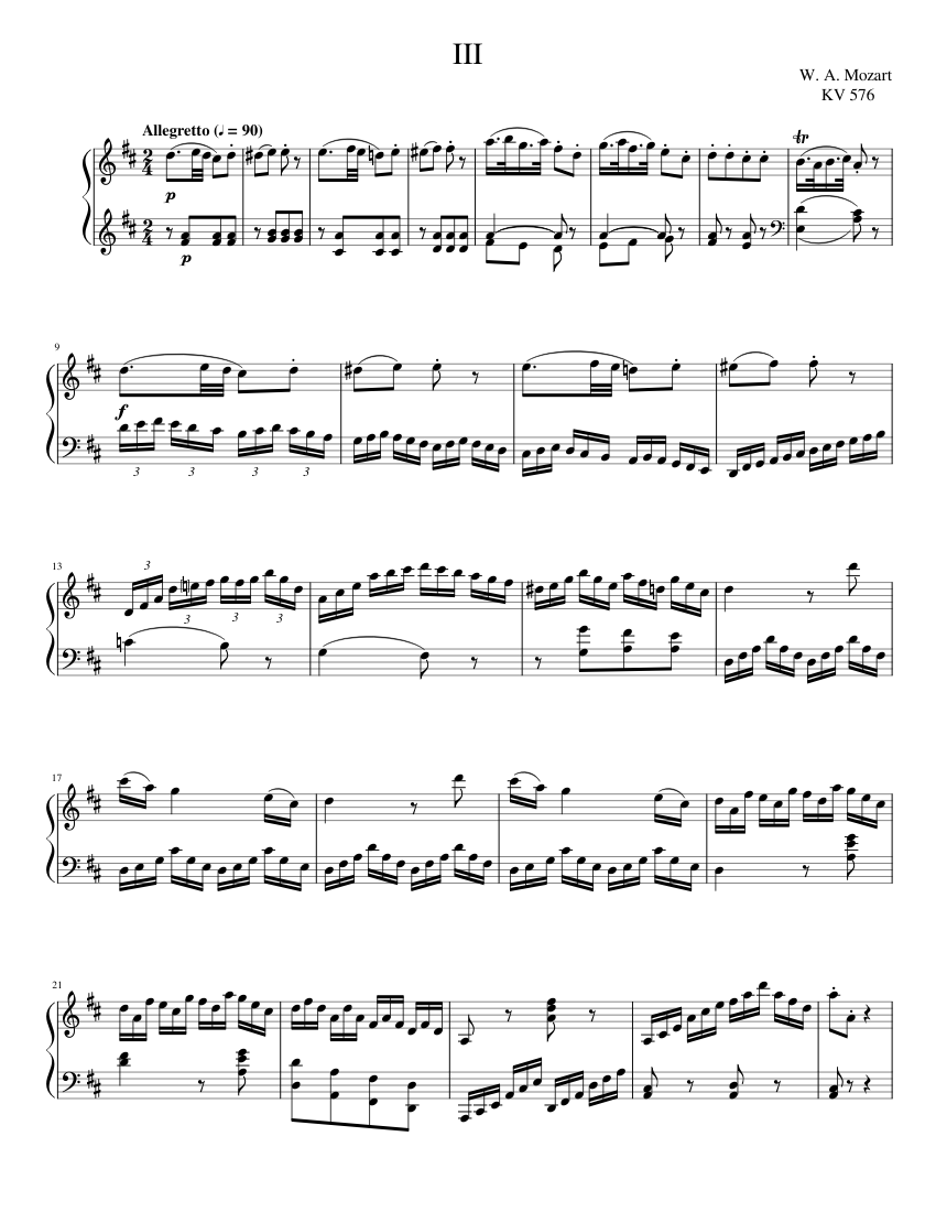 Mozart - Piano Sonata No. 18 in D: Allegretto Sheet Music